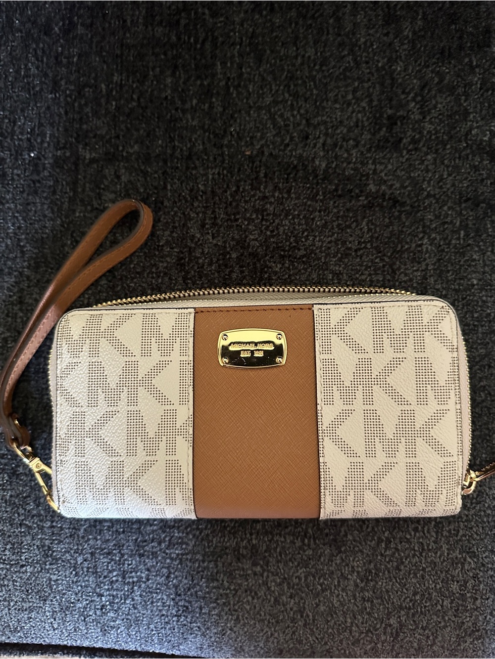 Michael Kors Beige Logo Canvas Wristlet with Brown Center Panel
